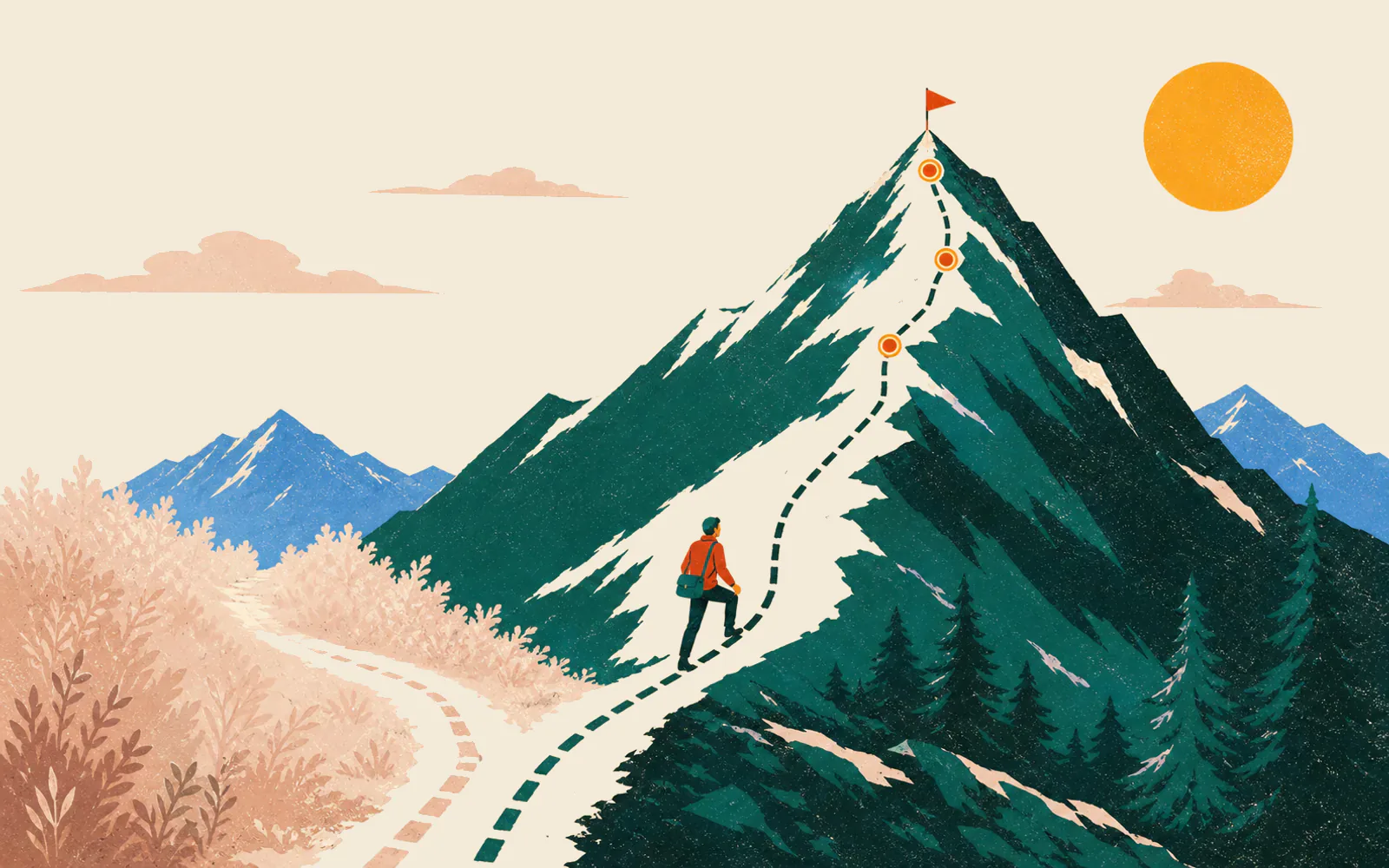 A fork in a mountain trail: the old flat path fades into overgrowth while a new dashed path climbs higher through marked waypoints.
