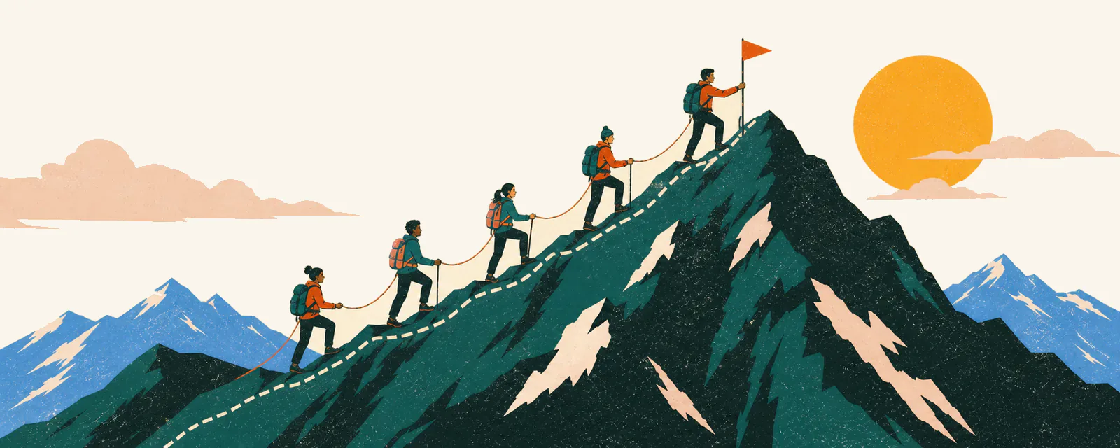 A roped team of climbers ascending a ridge together toward a flag.