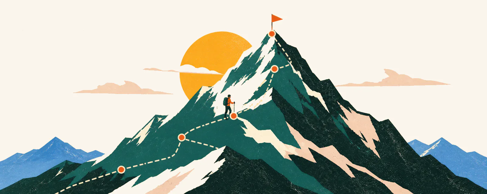 A full mountain ascent: a dashed trail through five waypoints to a flagged summit.