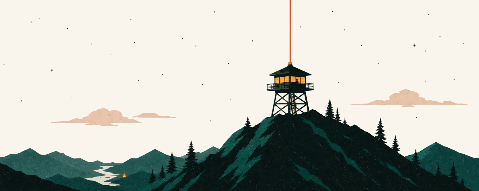 A night ridge with a fire-lookout tower, windows glowing, stars above.