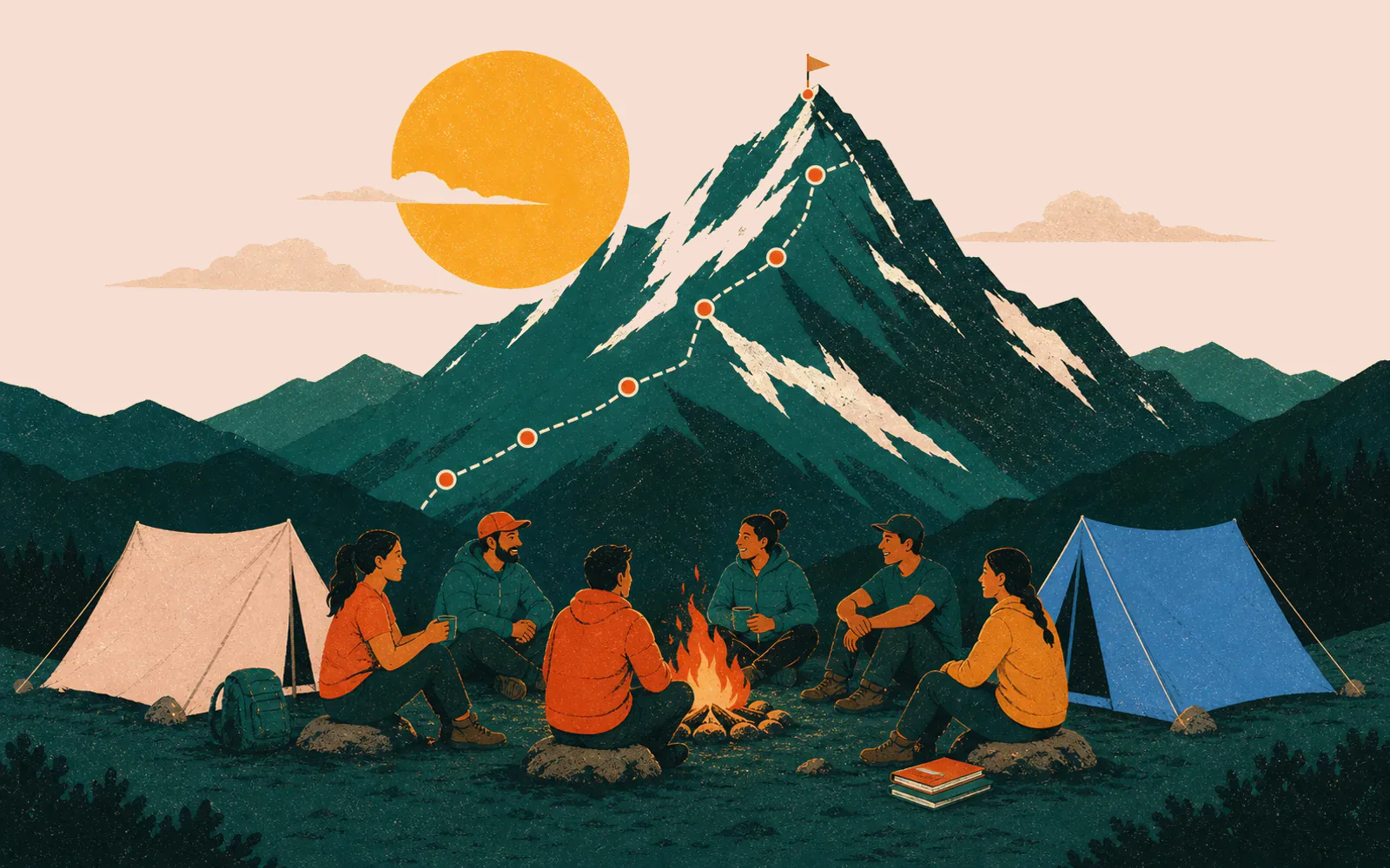 An evening basecamp: figures gathered around a campfire beneath deep-pine mountains, tents pitched nearby, a large amber moon overhead.